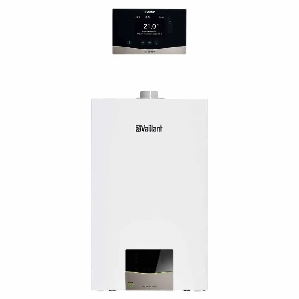 Vaillant Heizgerät mit digitalem Thermostat, das die Raumtemperatur anzeigt. Die Front ist in Weiß gehalten, mit einem kleinen Display und Bedienelementen.
